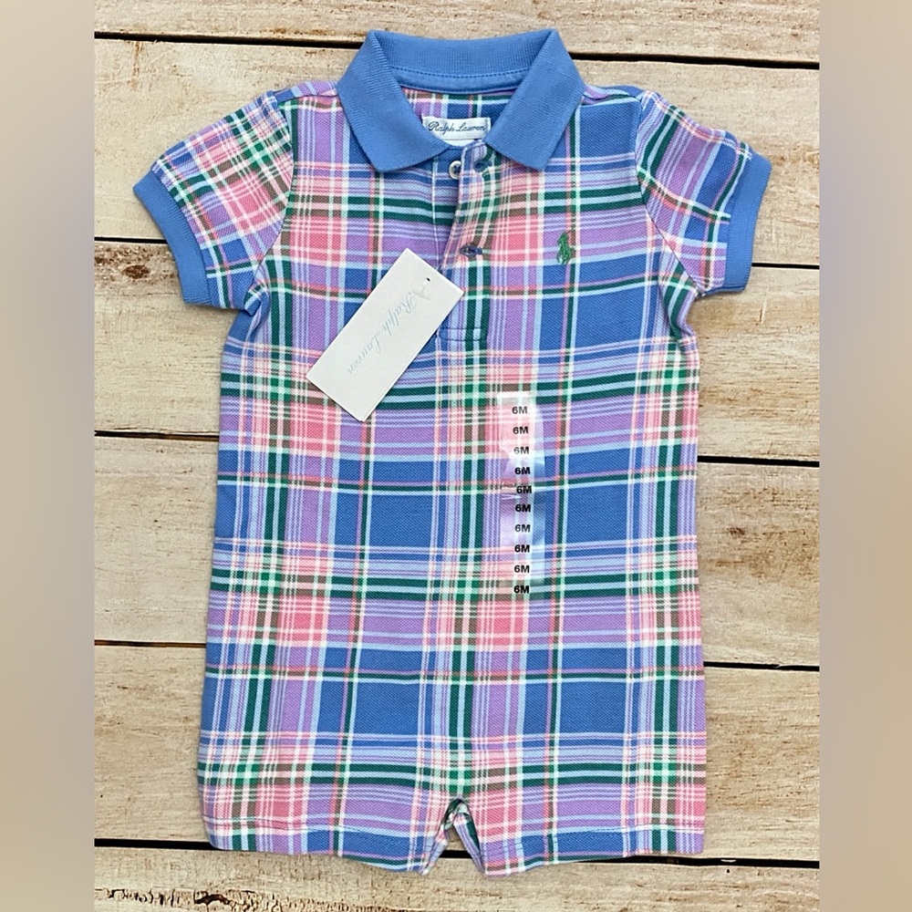 Ralph Lauren Blue Pink Green Plaid Polo Romper Shortall Size 6M NWT Nantucket